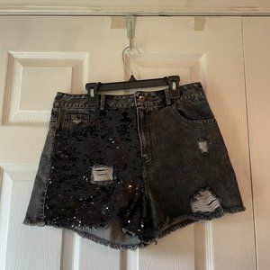 Fabrik Black Jean Shorts with Half Front Sequin + Sequin Pocket - Medium